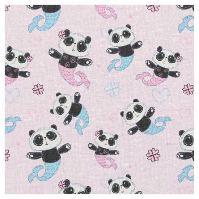 Niedlich Pink Panda Bear Mermaids Stoff (Nahaufnahme)