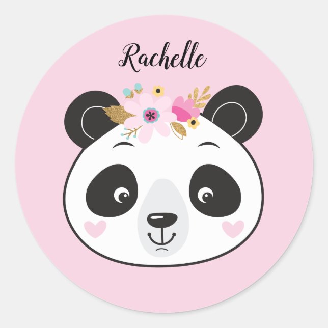 Niedlich Pink Panda Face Girly Personalisiert Runder Aufkleber (Vorderseite)