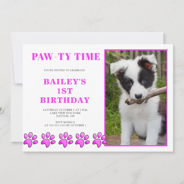 Niedlich Pink Pawty Time Hund Geburtstag Einladung (Vorderseite)
