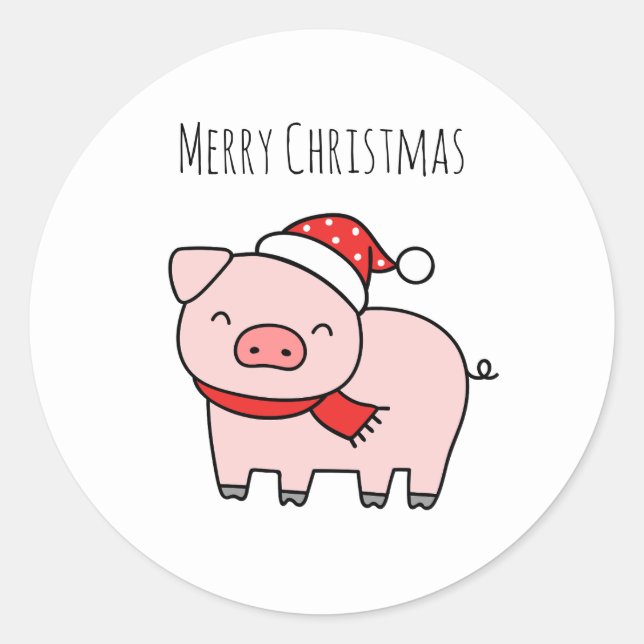 Niedlich Pink Pig Frohe Weihnachten Minimalistisch Runder Aufkleber (Vorderseite)