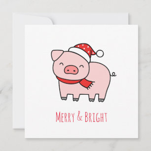 Niedlich Pink Pig Merry und Bright Minimalistische Feiertagskarte