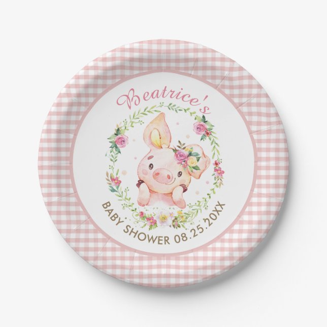 Niedlich Pink Pig Piggy Floral Baby Dusche Geburts Pappteller (Vorderseite)