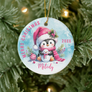 Niedlich Pink Pinguin Girl Vorname Frohe Weihnacht Keramik Ornament