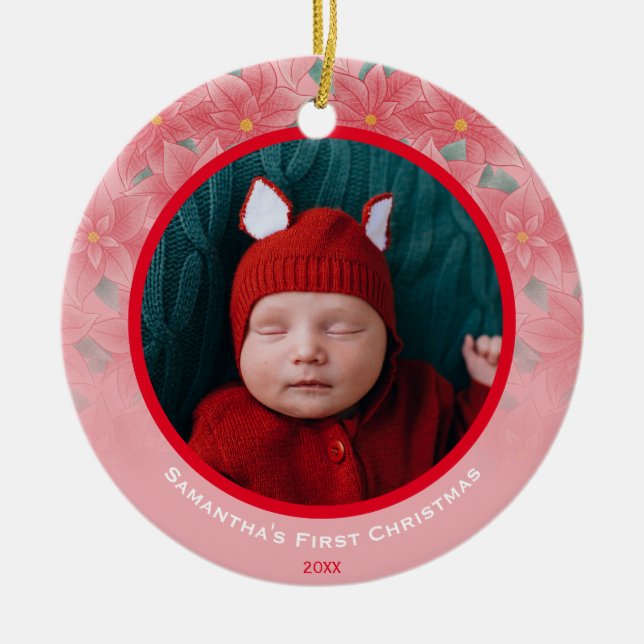 Niedlich Pink Poinsettia Baby's First Christmas Keramik Ornament (Vorne)