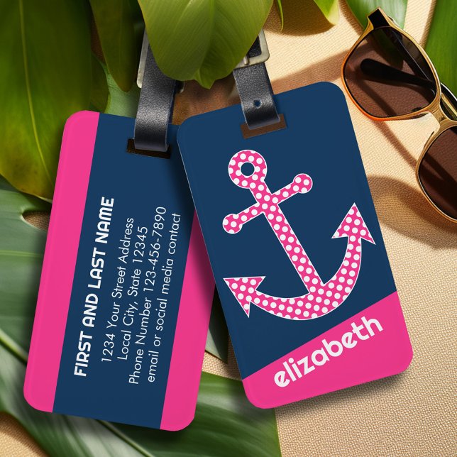 Niedlich Pink Polka Dot Anchor mit Individuelle Na Gepäckanhänger (Personalized Luggage Tag)