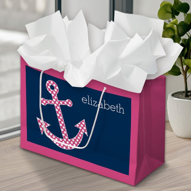 Niedlich Pink Polka Dot Anchor mit Individuelle Na Große Geschenktüte (Custom Personalized Gift Bag)