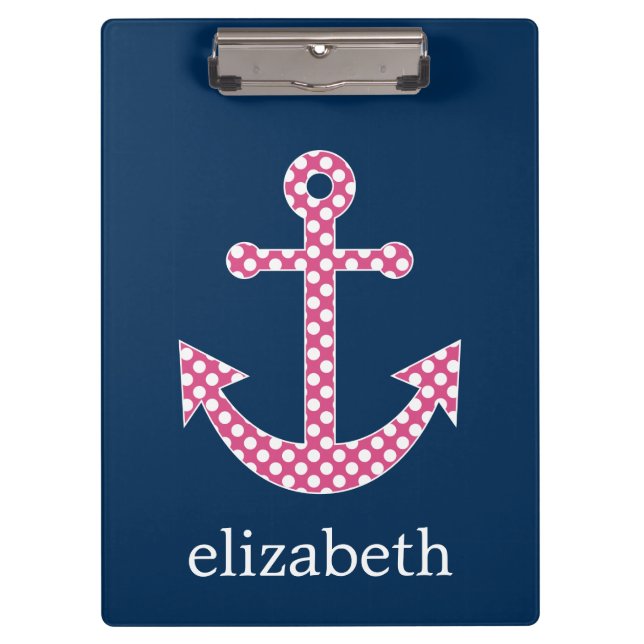 Niedlich Pink Polka Dot Anchor mit Individuelle Na Klemmbrett (Vorderseite)