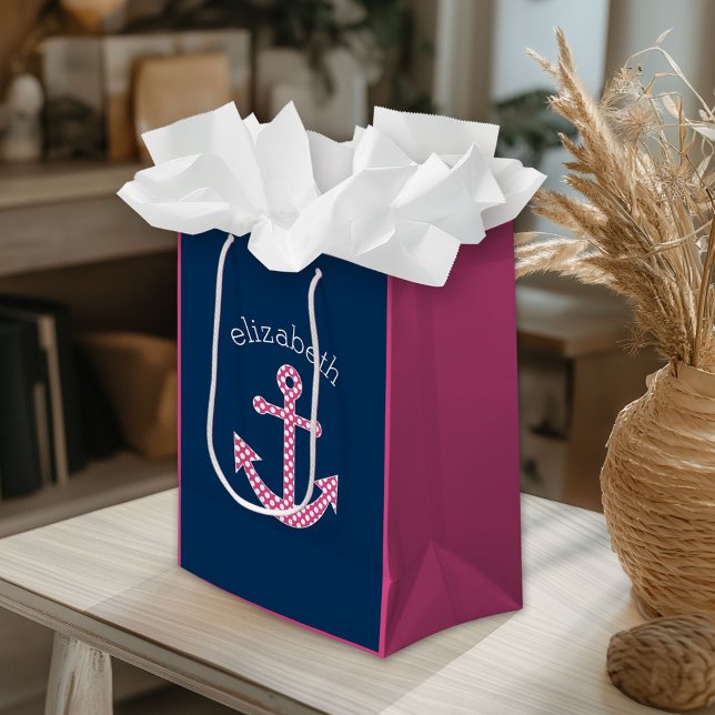 Niedlich Pink Polka Dot Anchor mit Individuelle Na Mittlere Geschenktüte (Custom Gift Bag)