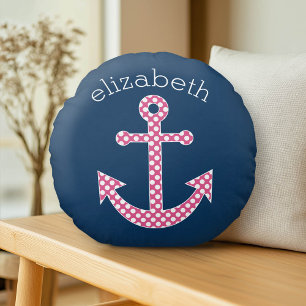 Niedlich Pink Polka Dot Anchor mit Individuelle Na Rundes Kissen