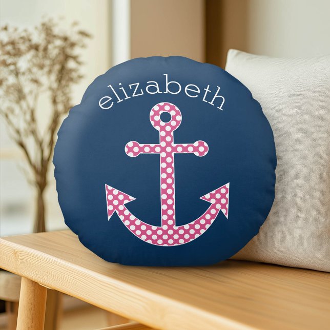 Niedlich Pink Polka Dot Anchor mit Individuelle Na Rundes Kissen (Custom Monogram Pillow)