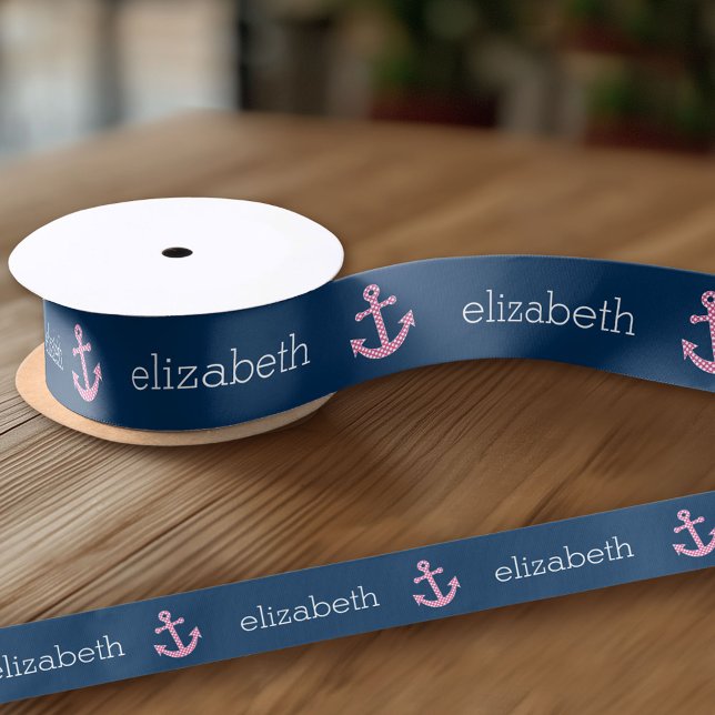Niedlich Pink Polka Dot Anchor mit Individuelle Na Satinband (Custom Ribbon on a Roll - Personalize this ribbon with you text)