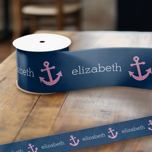 Niedlich Pink Polka Dot Anchor mit Individuelle Na Satinband (Custom Ribbon)