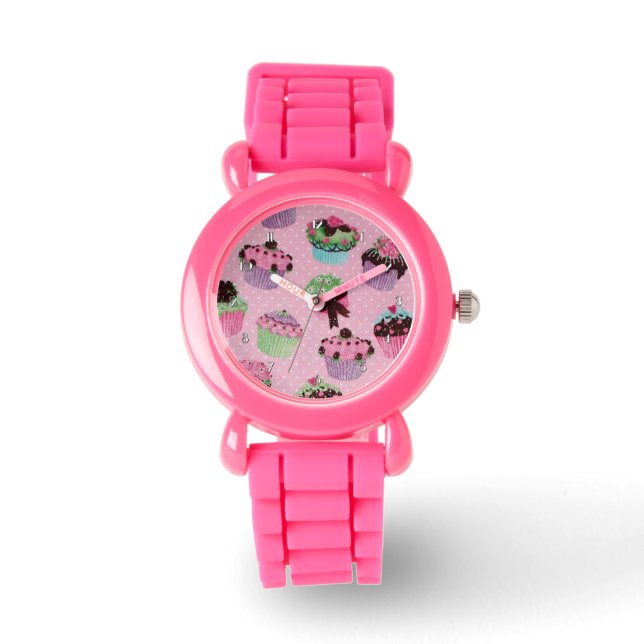 Niedlich Pink Polka Dot Cupcake Wrist Watch Armbanduhr (Vorderseite)