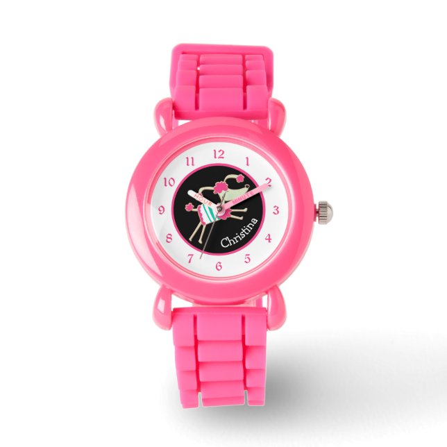 Niedlich Pink Poodle Personalisierte Kinder Armbanduhr (Vorderseite)