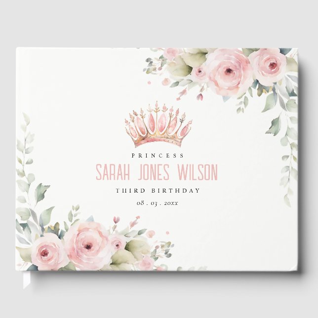 Niedlich Pink Princess Crown Tiara Floral Geburtst Gästebuch (Vorderseite)