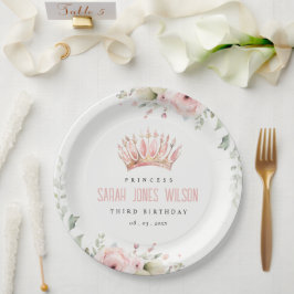 Niedlich Pink Princess Crown Tiara Floral Geburtst Pappteller