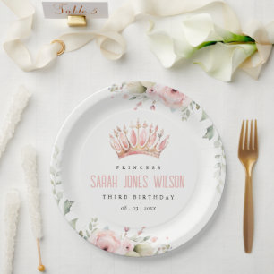 Niedlich Pink Princess Crown Tiara Floral Geburtst Pappteller