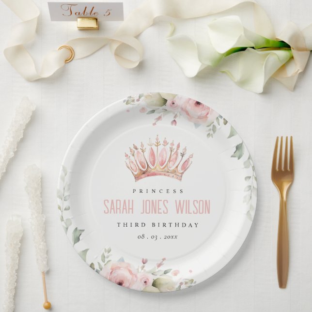 Niedlich Pink Princess Crown Tiara Floral Geburtst Pappteller (Hochzeit)