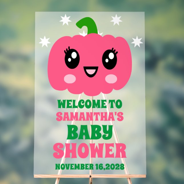 Niedlich Pink Pumpkin Girl Baby Dusche Willkommen  Acrylschild (Neutral)