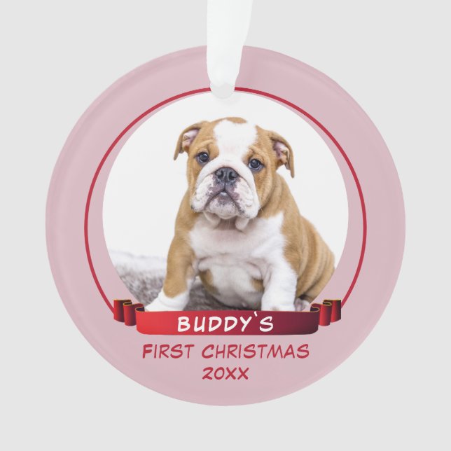 Niedlich Pink Puppy 1. Weihnachtshund Foto Ornament (Vorderseite)