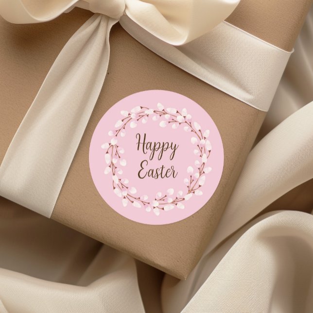 Niedlich Pink Pussy Willow Happy Oaster Runder Aufkleber (Cute Pink Pussy Willow Happy Easter Classic Round Sticker)