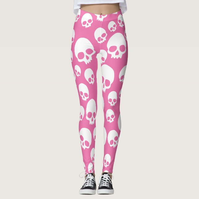 Niedlich Pink Random Skulls Muster Leggings (Vorderseite)