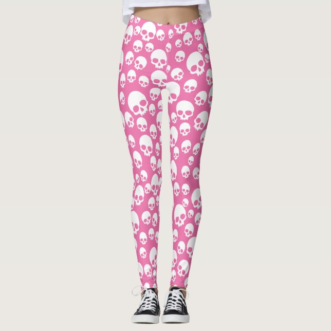 Niedlich Pink Random Skulls Muster Leggings (Vorderseite)