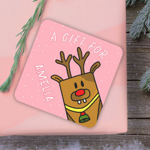 Niedlich Pink Reindeer Kid's Name Weihnachtsgesche Quadratischer Aufkleber