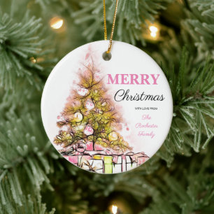 Niedlich Pink Retro Frohe Weihnachtsbaum Foto Keramik Ornament
