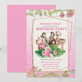 Niedlich Pink Safari Jungle Tiere Geburtstagsparty Einladung