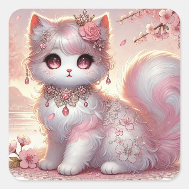 Niedlich Pink Sakura Cherry Blossom Princess Cat Quadratischer Aufkleber (Vorderseite)