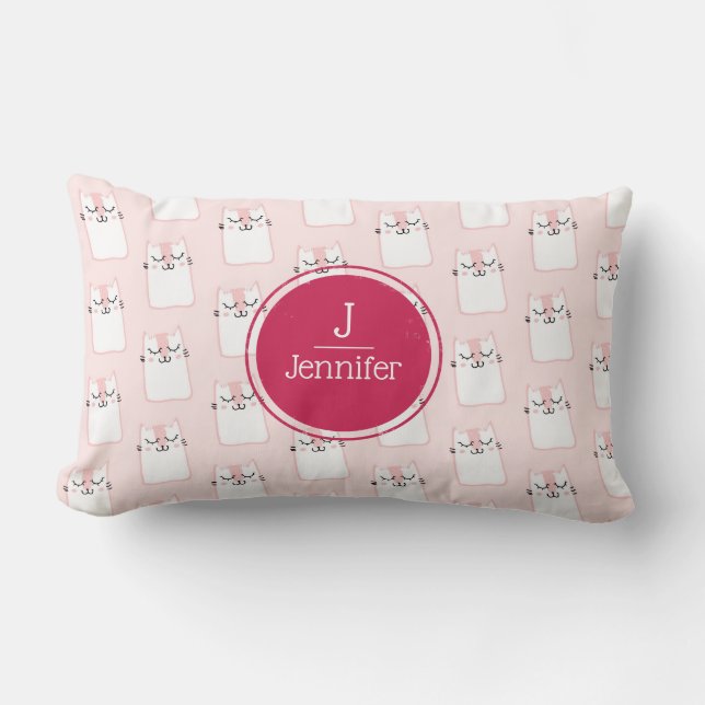 Niedlich Pink Sleeping Kitt Pattern Monogramm Lendenkissen (Vorderseite)