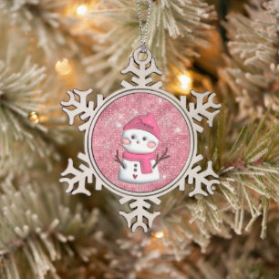 Niedlich Pink Snowman Personalisierter Name Schneeflocken Zinn-Ornament
