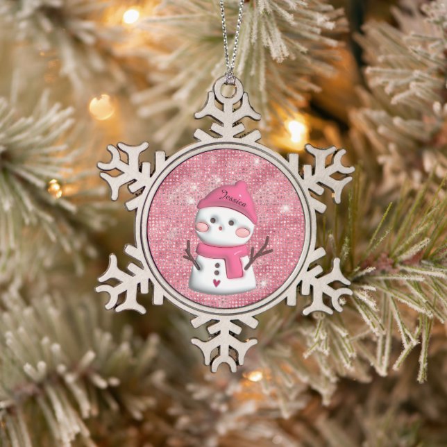 Niedlich Pink Snowman Personalisierter Name Schneeflocken Zinn-Ornament (Baum)