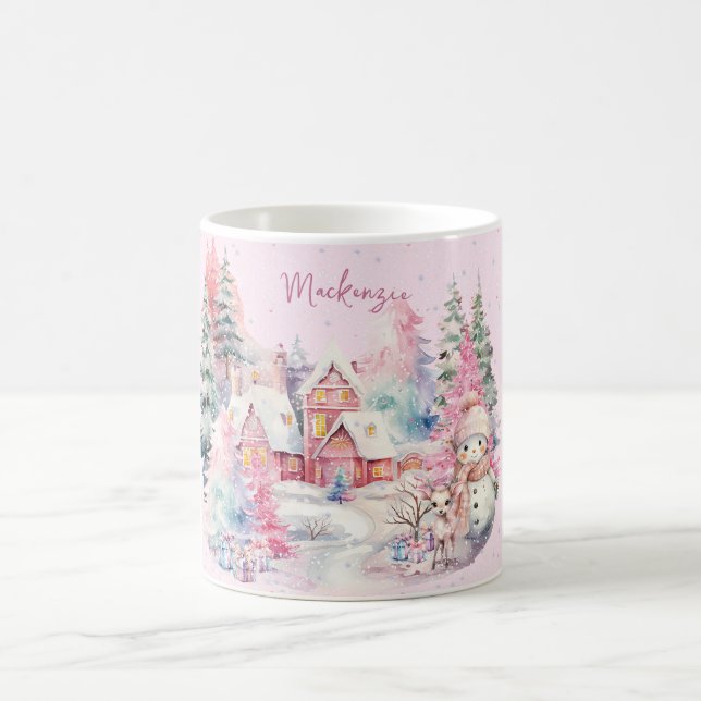 Niedlich Pink Snowman Winter Wonderland Custom Kaffeetasse (Mittel)