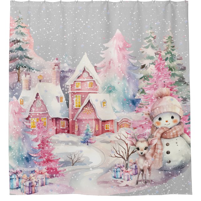Niedlich Pink Snowman Winter Wonderland Duschvorhang (Vorderseite)