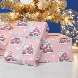 Niedlich Pink Snowy Gingerbread House and Hearts Geschenkpapier