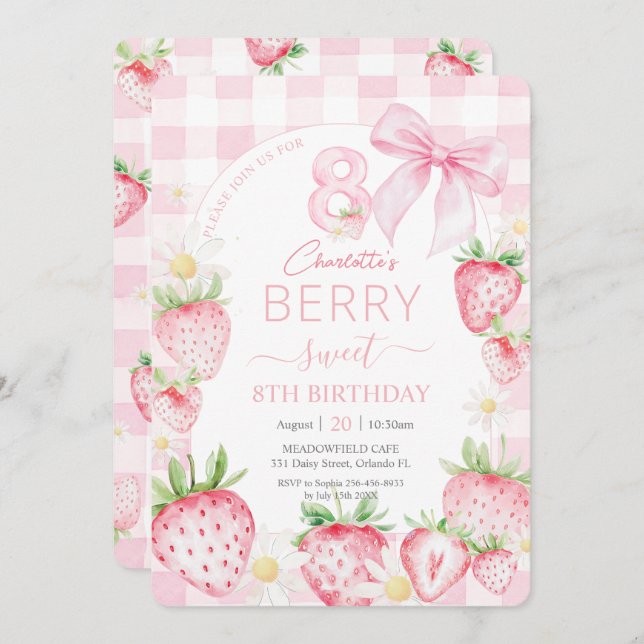 Niedlich Pink Strawberries Berry Sweet 8. Geburtst Einladung (Vorne/Hinten)