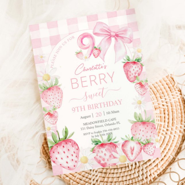 Niedlich Pink Strawberries Berry Sweet 9. Geburtst Einladung (Von Creator hochgeladen)