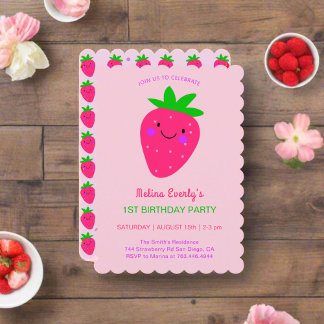 Niedlich Pink Strawberry 1. Geburtstag Party Baby  Einladung