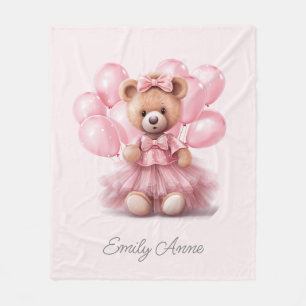 Niedlich Pink Teddy Bären Balloons Kindername Fleecedecke