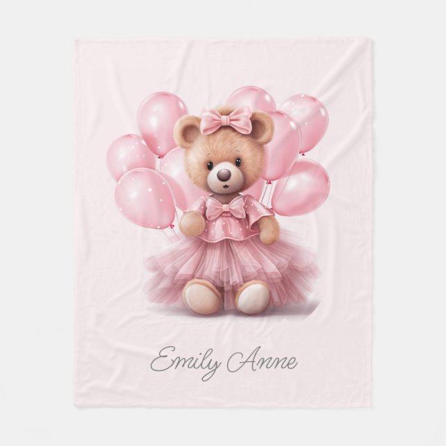 Niedlich Pink Teddy Bären Balloons Kindername Fleecedecke (Vorderseite)