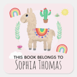 Niedlich Pink 'This Book Belongs' Llama Kids Buchz Quadratischer Aufkleber