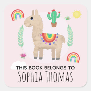 Niedlich Pink 'This Book Belongs' Llama Kids Buchz Quadratischer Aufkleber