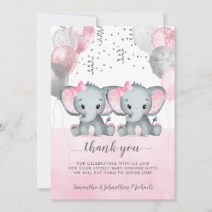 Niedlich Pink Twin Girl Elephant Balloons Babydusc Dankeskarte