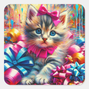 Niedlich Pink und Blue Kitten Girl's Geburtstag Quadratischer Aufkleber