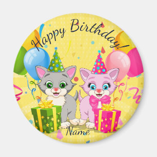 Niedlich Pink und Grau Geburtstag Kitten Cartoon Magnet