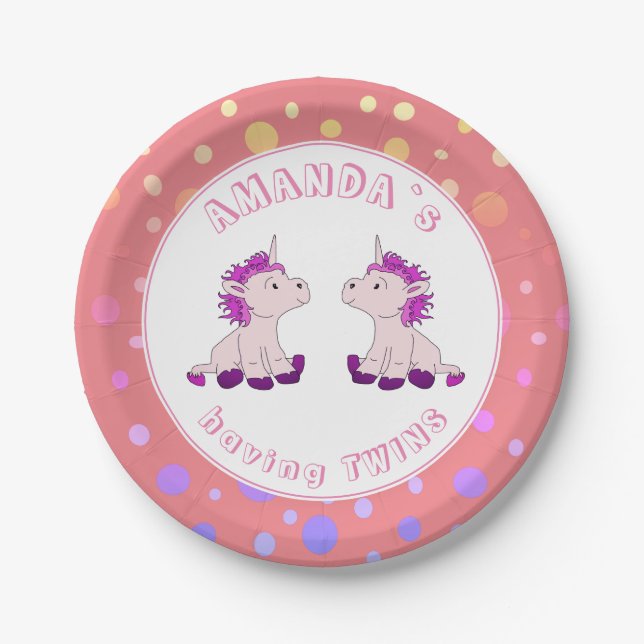 Niedlich Pink Unicorn Girl Twins Baby Dusche Party Pappteller (Vorderseite)