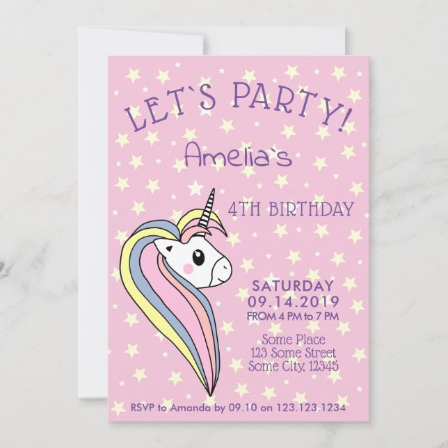 Niedlich Pink Unicorn Girly Kindergeburtstag Einladung (Vorderseite)