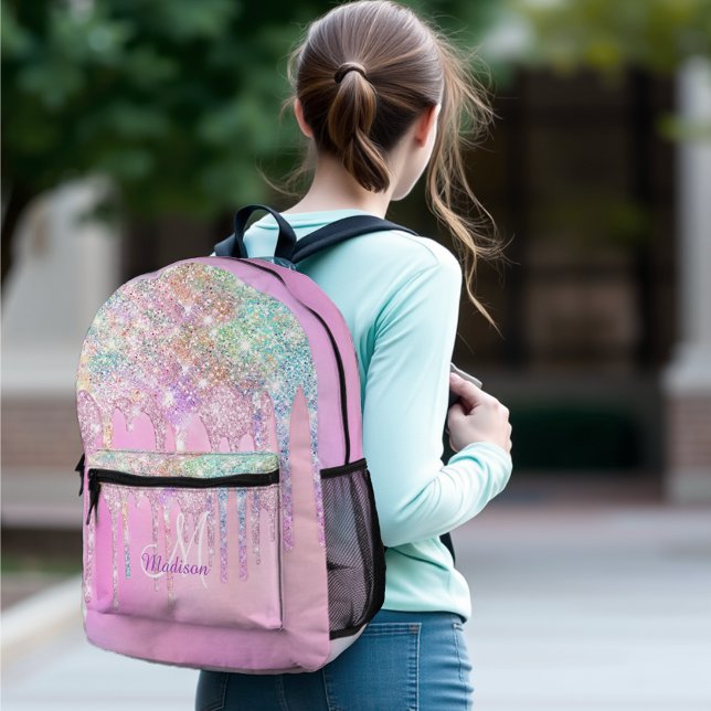 Niedlich Pink Unicorn Rainbow Glitzer Tropfen Mono Bedruckter Rucksack (Von Creator hochgeladen)
